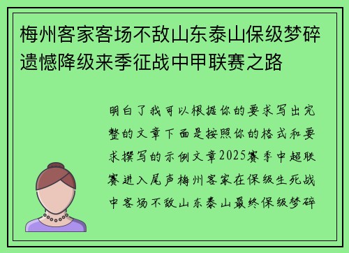 梅州客家客场不敌山东泰山保级梦碎遗憾降级来季征战中甲联赛之路