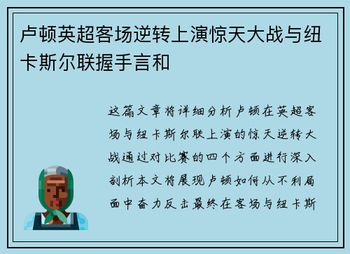 卢顿英超客场逆转上演惊天大战与纽卡斯尔联握手言和 卢顿英超客场逆转上演惊天大战与纽卡斯尔联握手言和